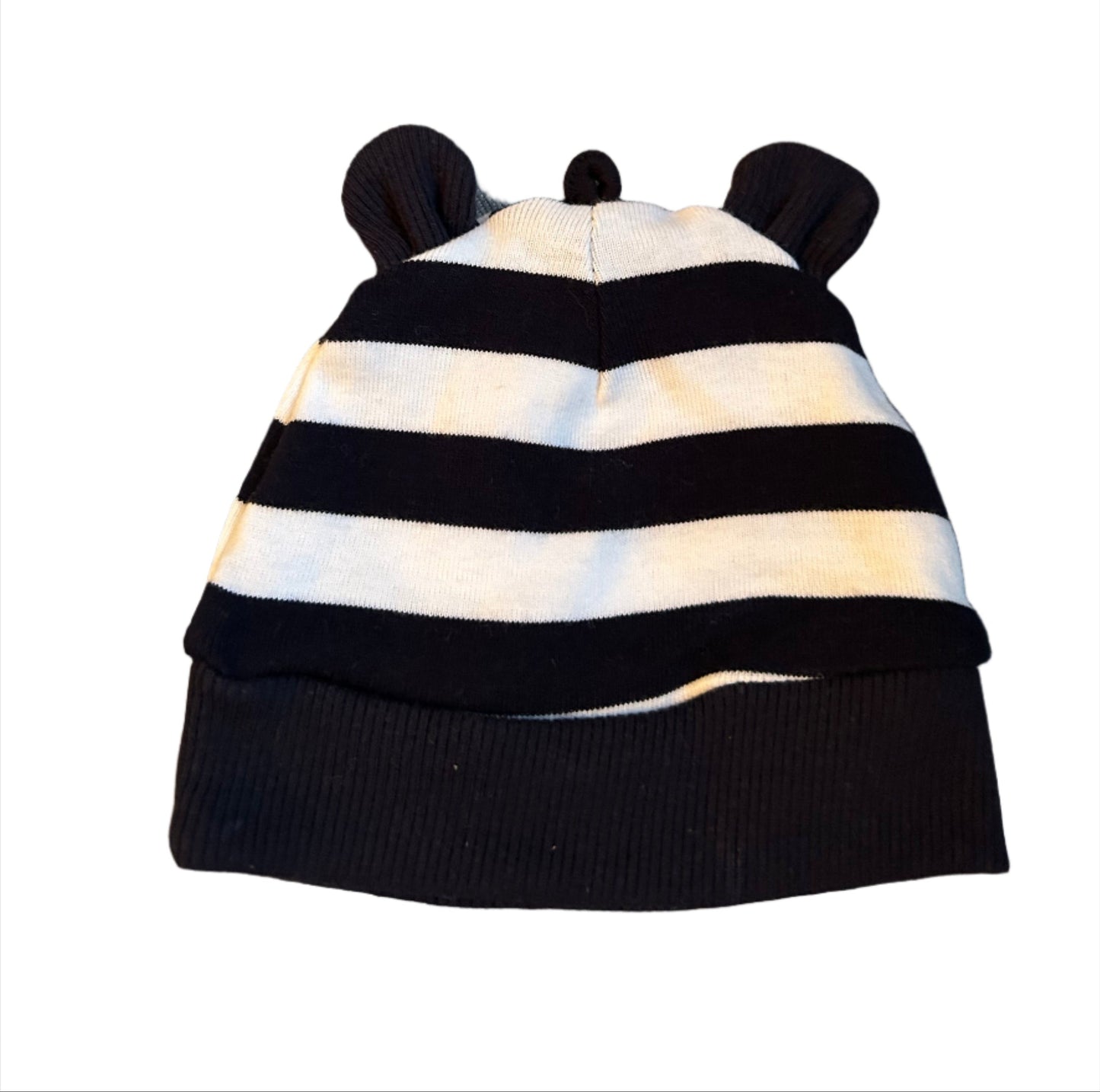 baby beanie with navy and white stripes